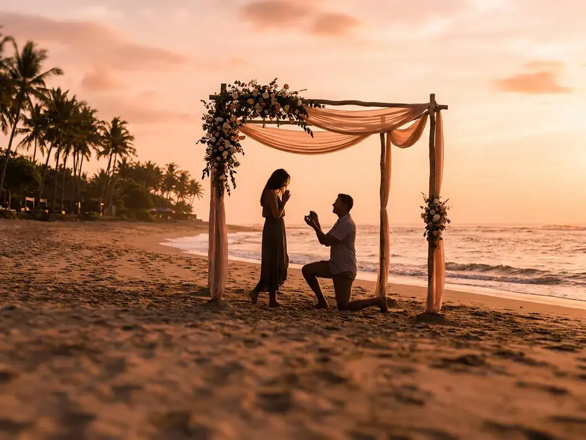 Sunset marriage proposal on a Bali beach