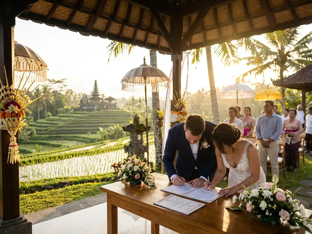 Signing marriage registration documents in Bali