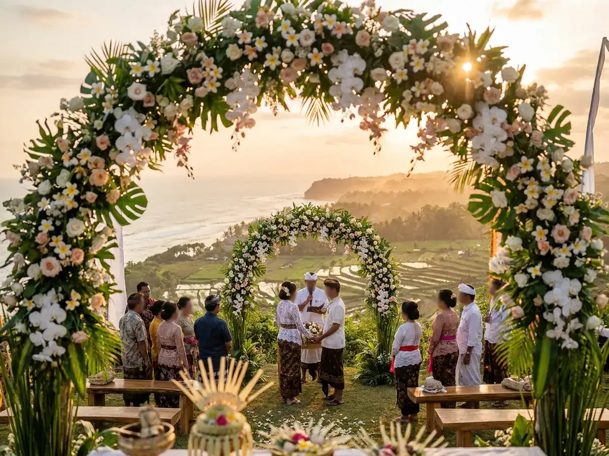 Symbolic wedding ceremony with a flower arch in Bali
