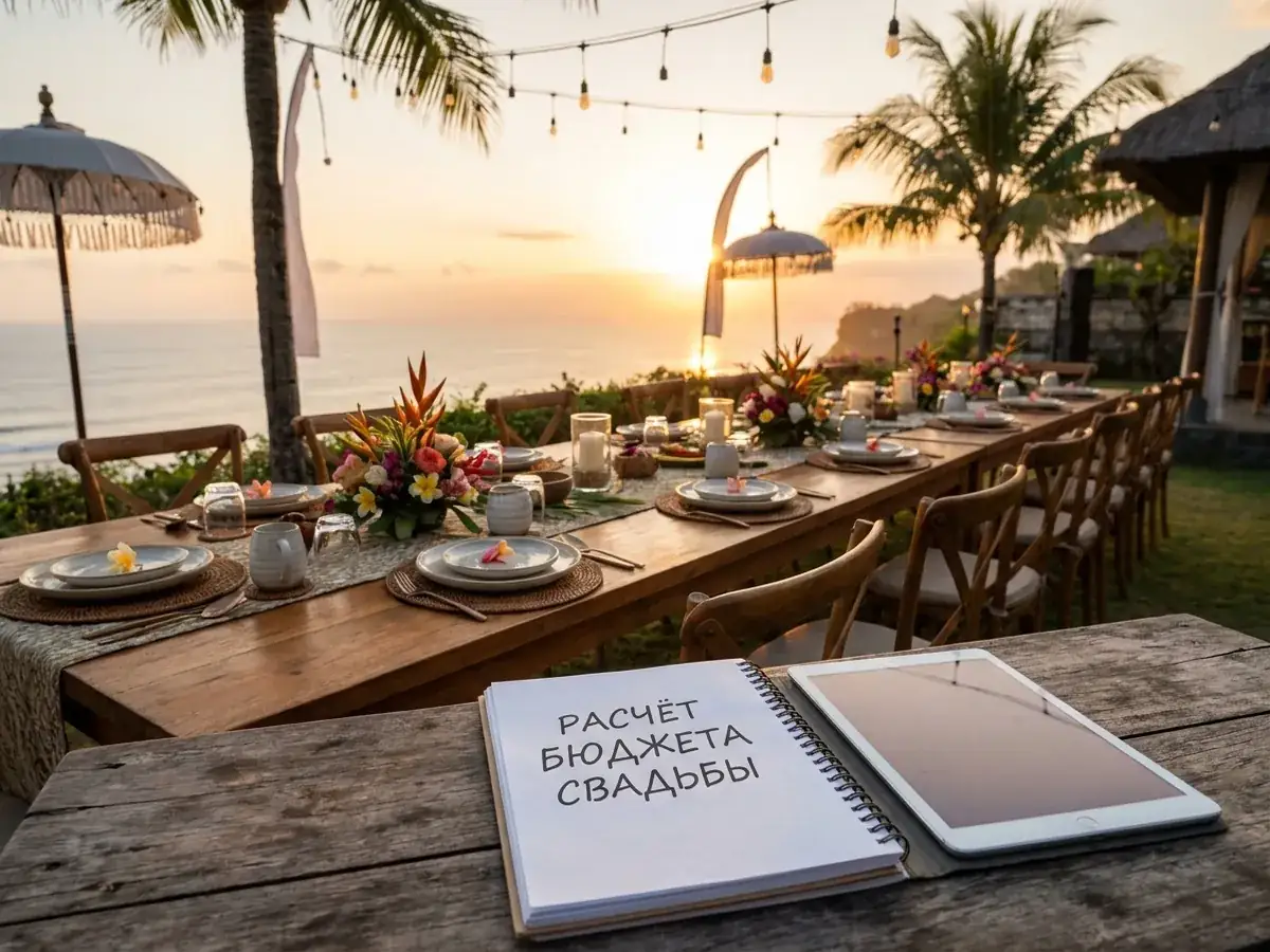 Calculating wedding budget in Bali — sunset dinner setting