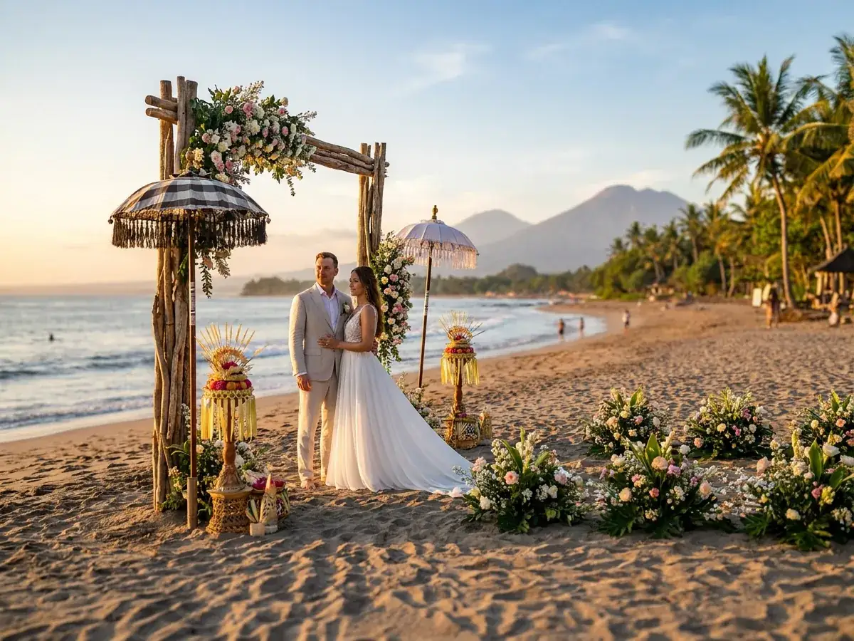 Bride and groom on a Bali beach during a turnkey wedding