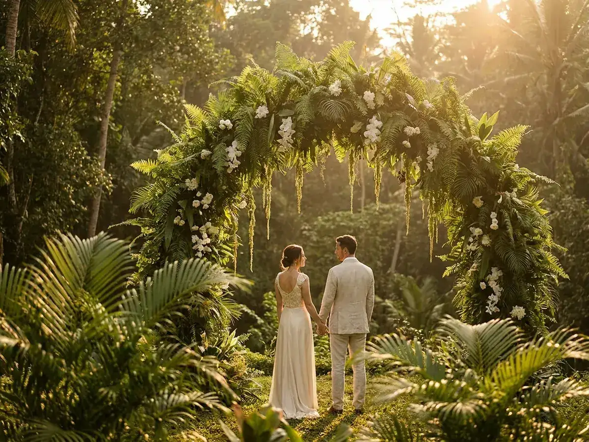Wedding arch made of fern in Ubud jungles, Bali