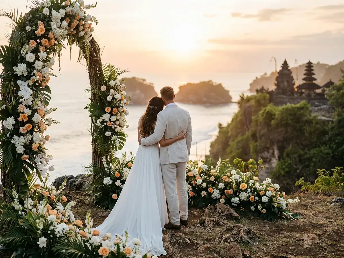 Couple on a cliff during elopement at sunset, Bali
