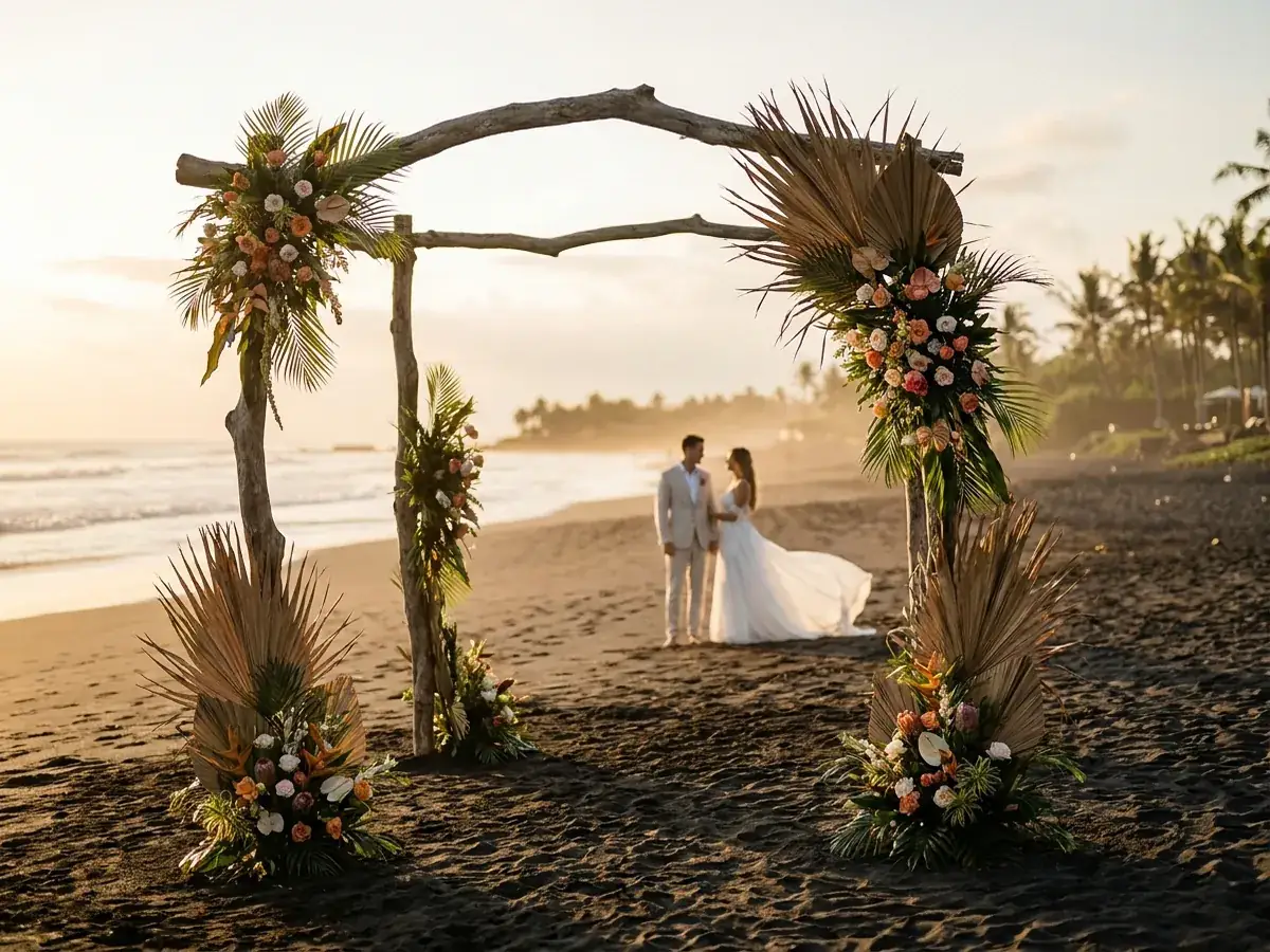 Bride on the black sand of Canggu beach at sunset, Bali