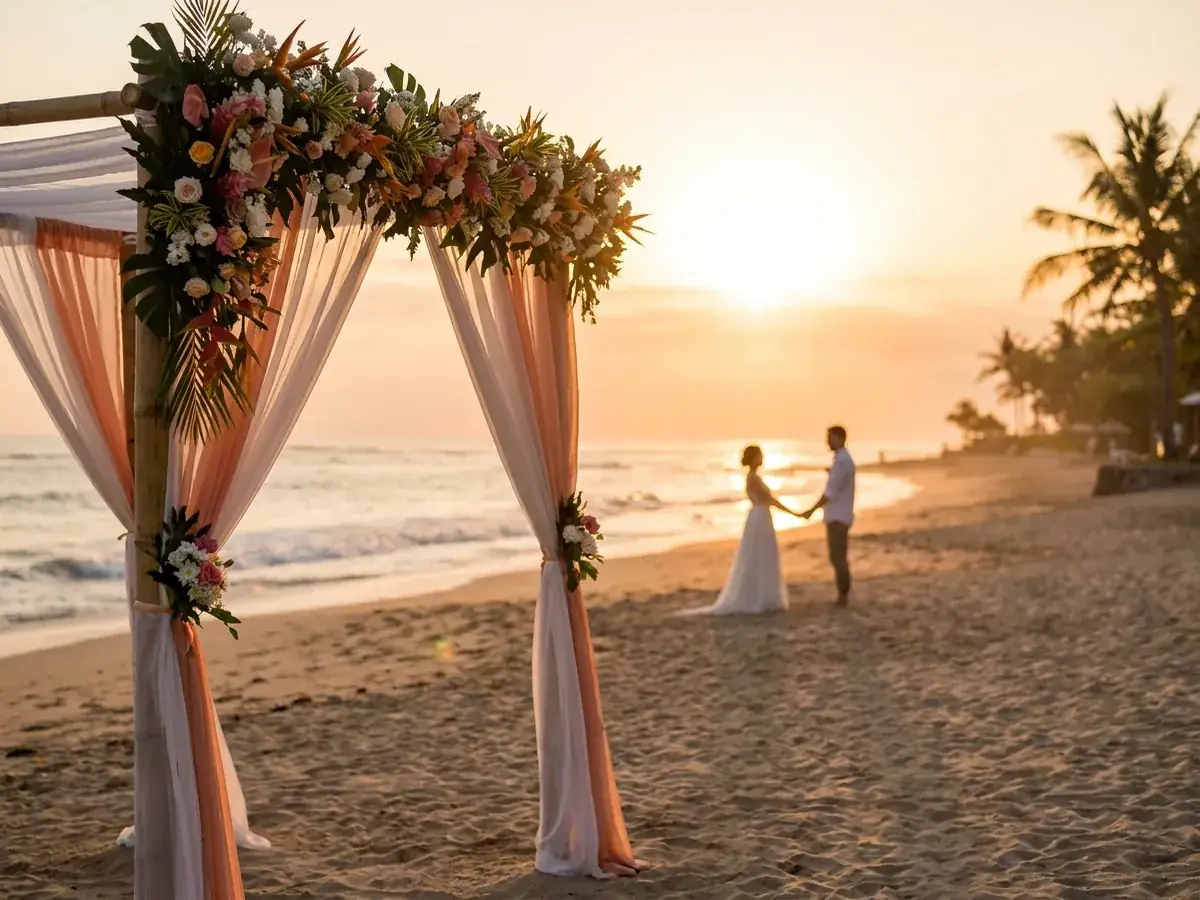 Wedding arch on Nusa Dua beach at sunset, Bali