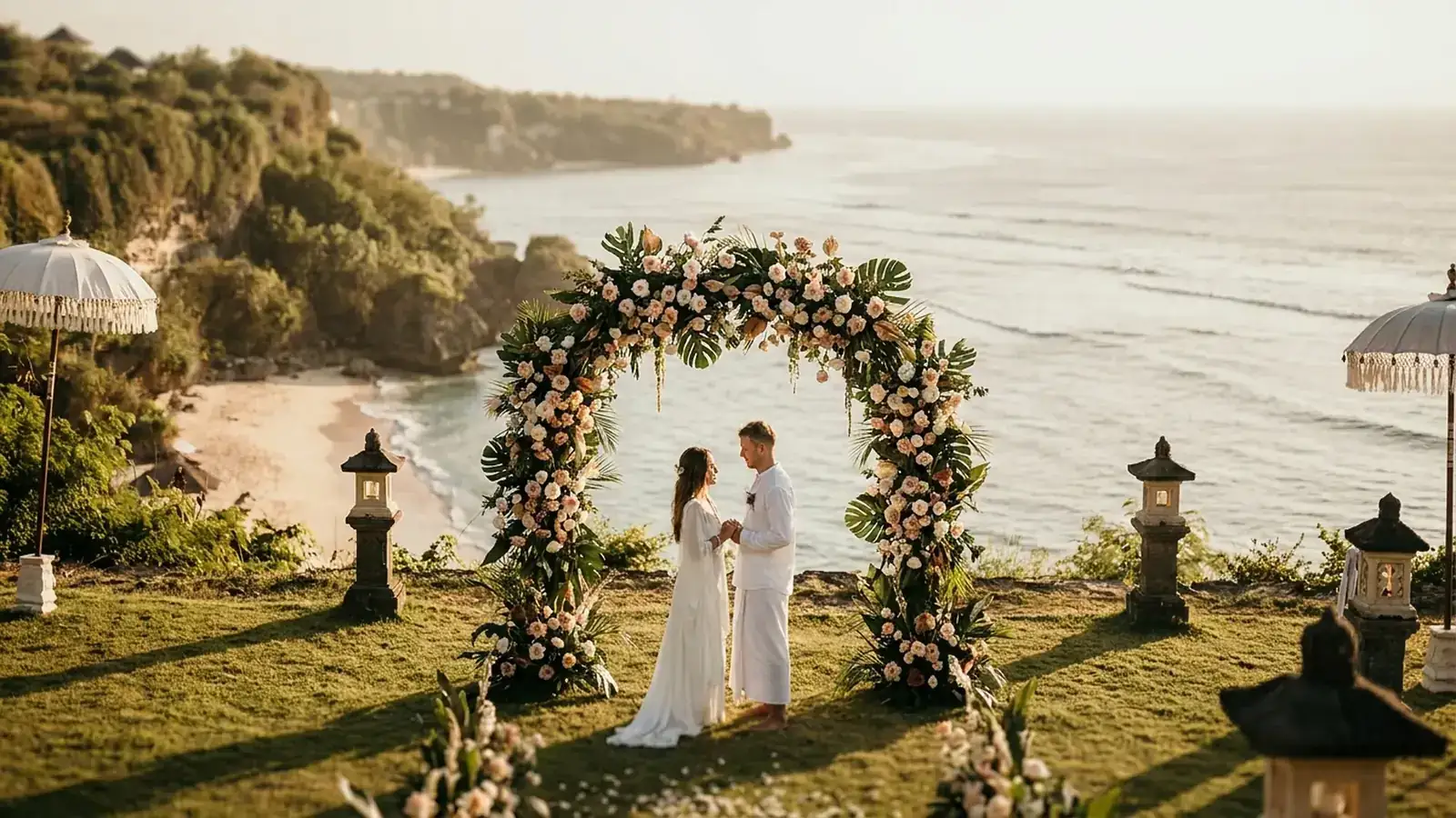 Symbolic ceremony with a flower arch in Bali
