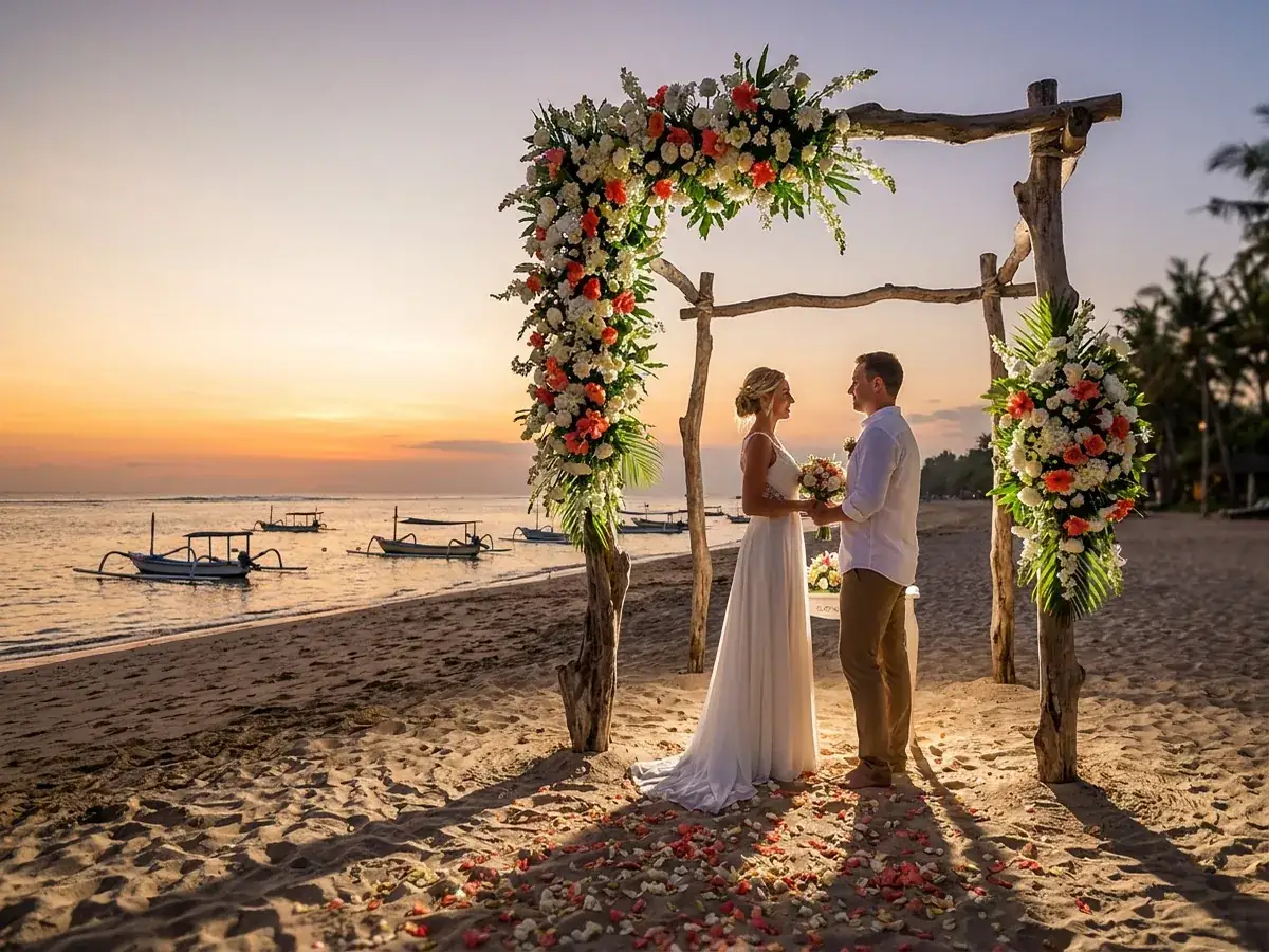 Wedding on a Bali beach — sunset ceremony