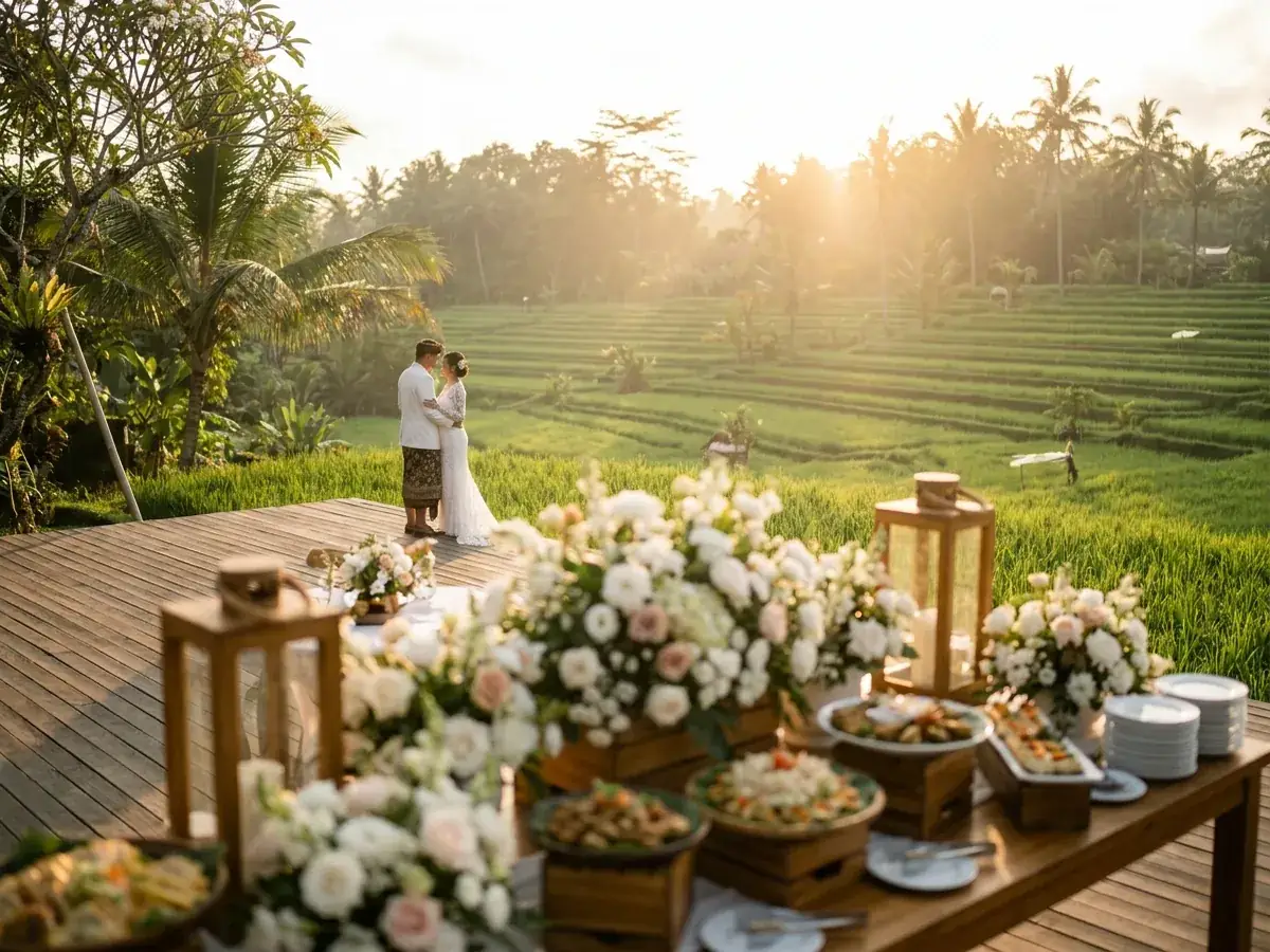 Buffet against the background of Ubud rice terraces, Bali