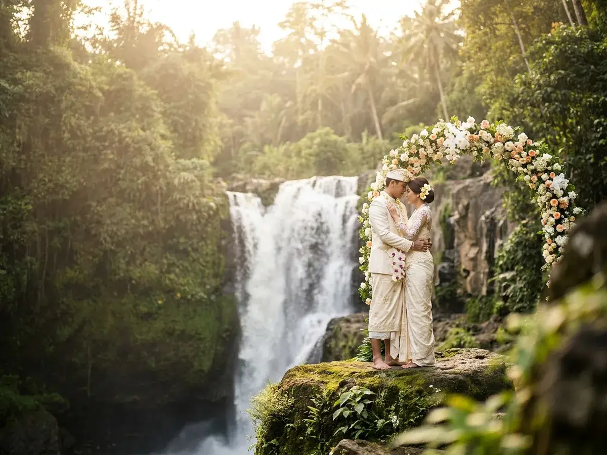 Couple near waterfall at a wedding in Ubud, Bali