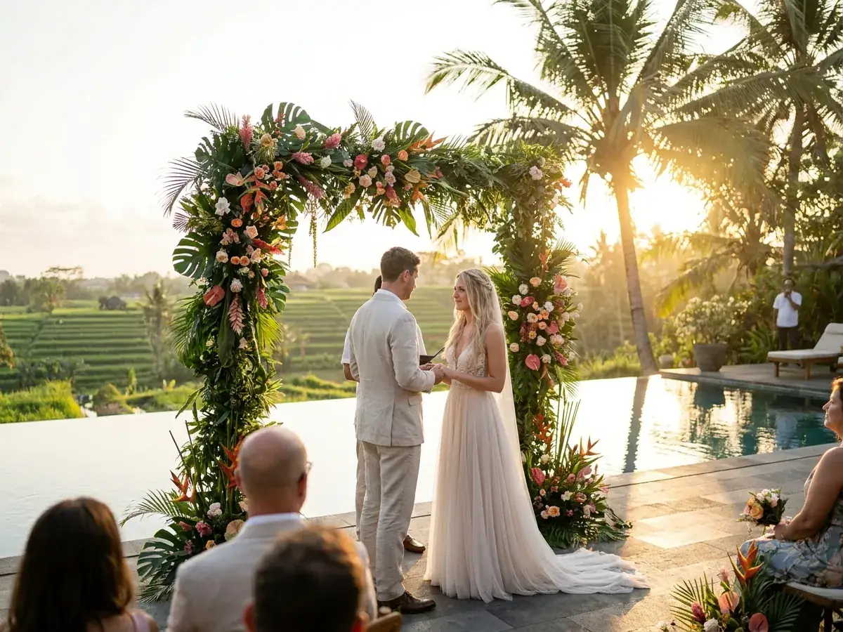 Ceremony by the pool at a villa in Canggu, Bali