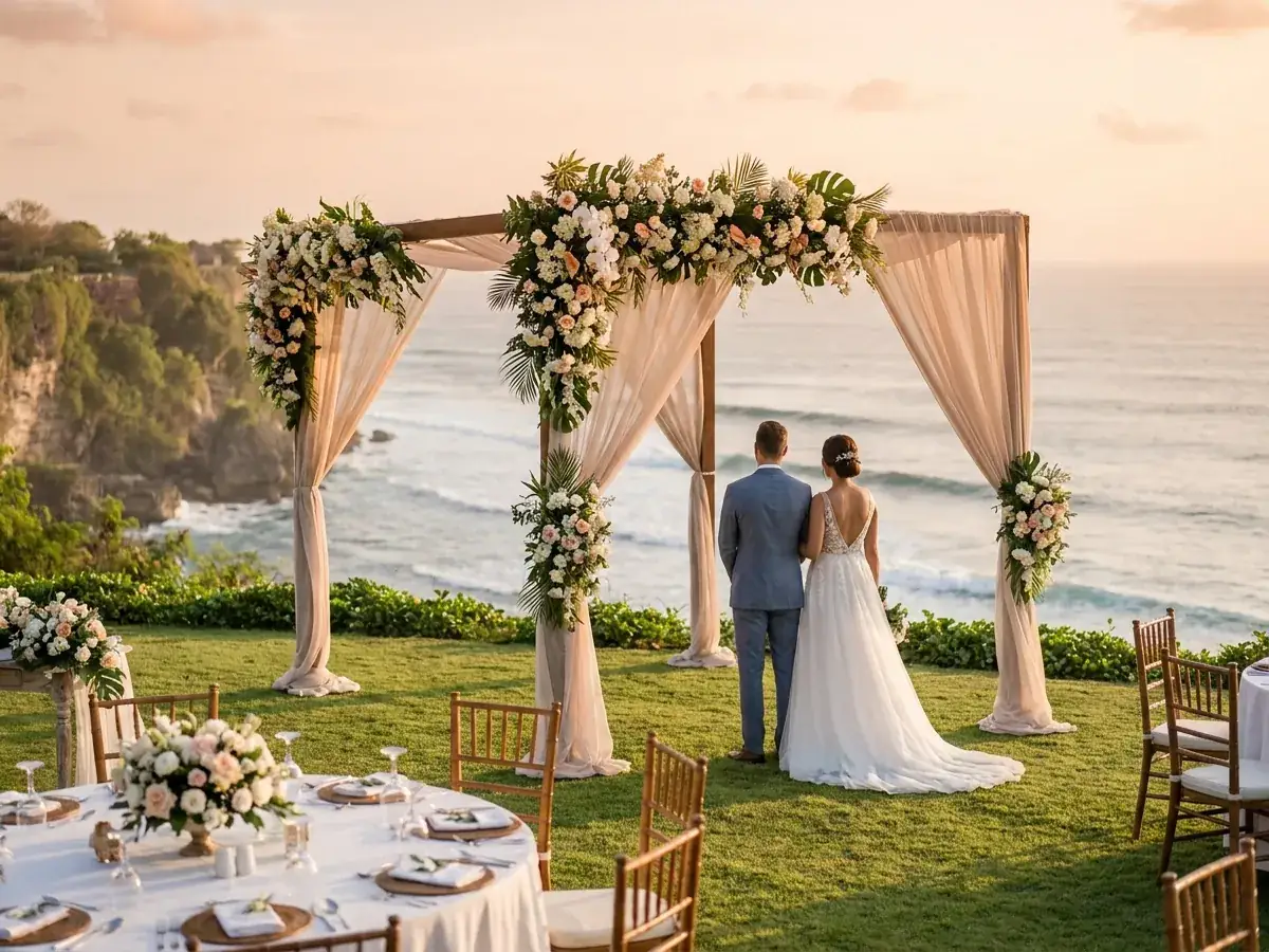 Banquet on the lawn of a villa with ocean view, Bali