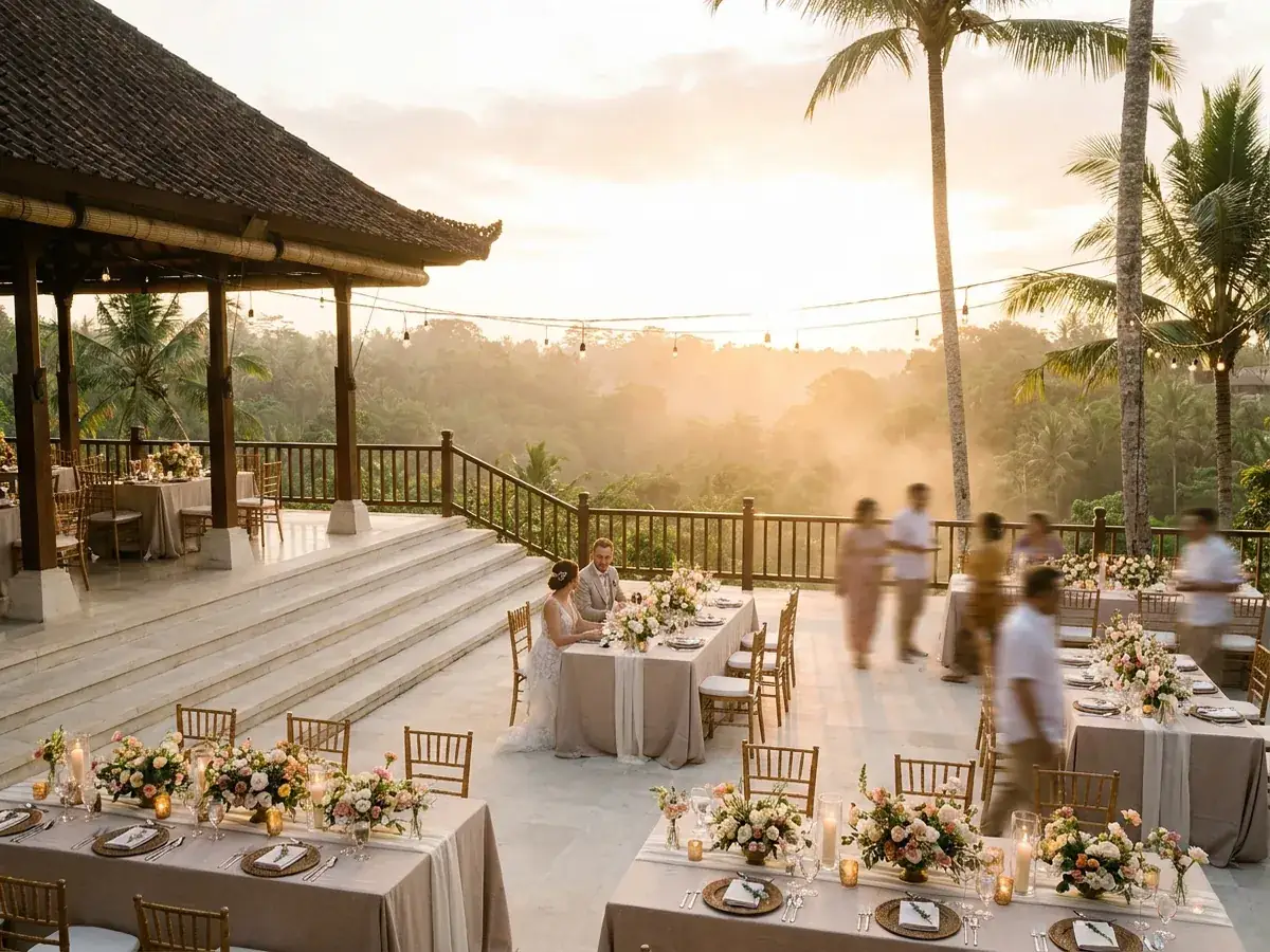 Dinner on the villa terrace for wedding guests, Bali